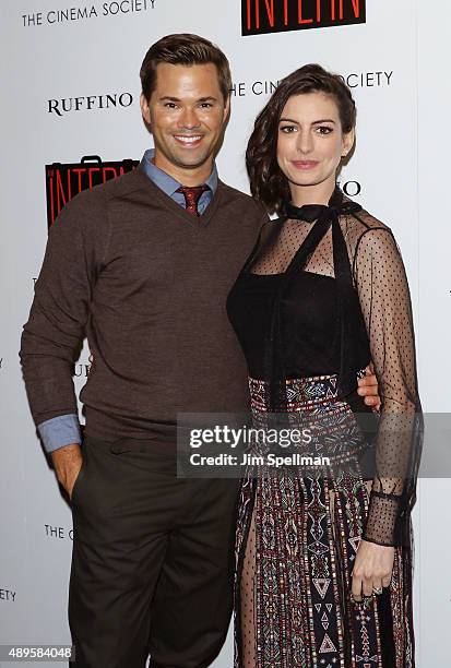 Actors Andrew Rannells and Anne Hathaway attend the The Cinema Society and Ruffino host a screening of Warner Bros. Pictures' "The Intern" at the...