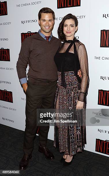 Actors Andrew Rannells and Anne Hathaway attend the The Cinema Society and Ruffino host a screening of Warner Bros. Pictures' "The Intern" at the...
