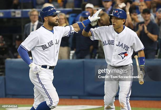 Kevin Pillar of the Toronto Blue Jays is congratulated by Munenori Kawasaki after hitting a solo home run in the third inning during MLB game action...