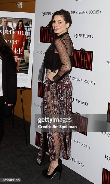 Actress Anne Hathaway attends the The Cinema Society and Ruffino host a screening of Warner Bros. Pictures' "The Intern" at the Landmark's Sunshine...