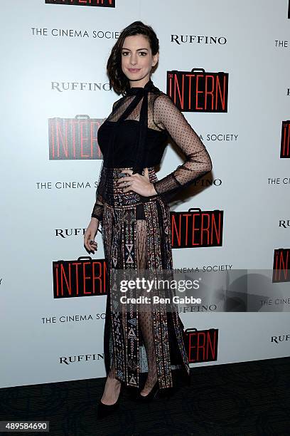 Actress Anne Hathaway attends a screening of Warner Bros. Pictures' "The Intern" hosted by The Cinema Society and Ruffino on September 22, 2015 in...