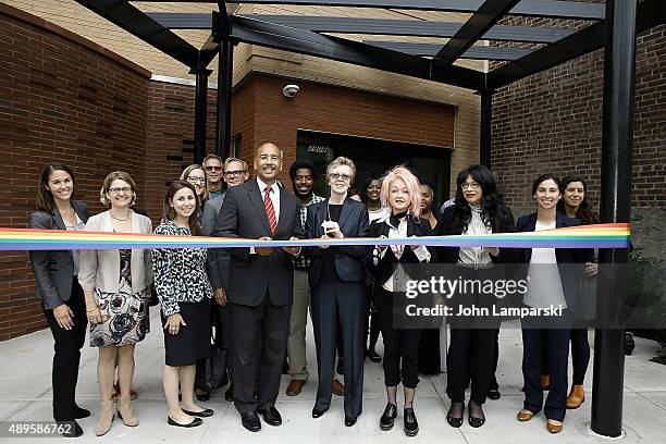 Kristin Miller Lauren Moskowitz, Ruben Diaz Jr., Colleen K jackson and Cyndi Lauper inaugurate the True Colors Bronx Housing Opening during the...