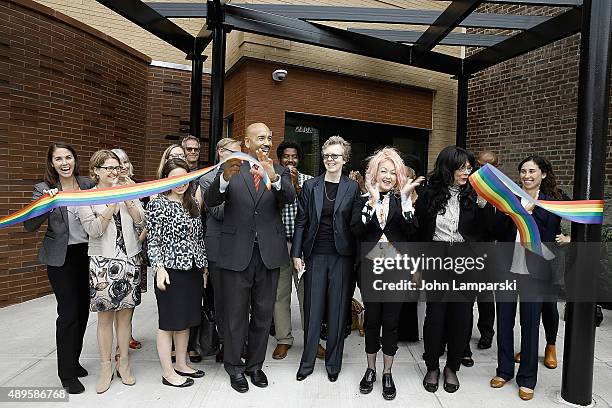 Kristin Miller Lauren Moskowitz, Ruben Diaz Jr., Colleen K jackson and Cyndi Lauper inaugurate the True Colors Bronx Housing Opening during the...