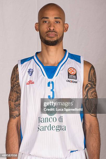 David Logan, #3 of Dinamo Banco di Sardegna Sassari poses during the 2015/2016 Turkish Airlines Euroleague Basketball Media Day at Palaserradimigni...