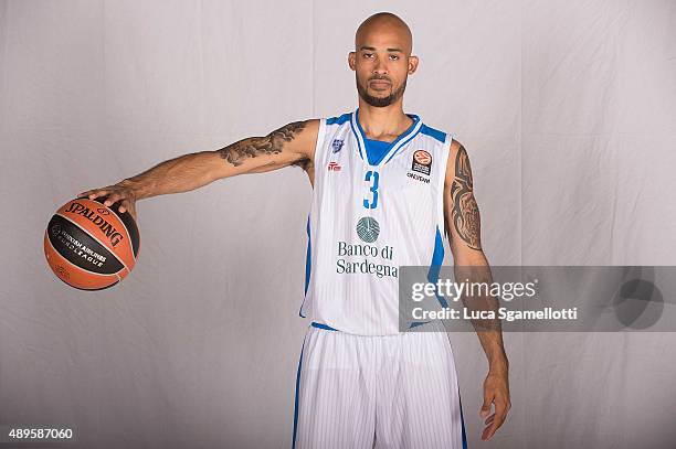 David Logan, #3 of Dinamo Banco di Sardegna Sassari poses during the 2015/2016 Turkish Airlines Euroleague Basketball Media Day at Palaserradimigni...