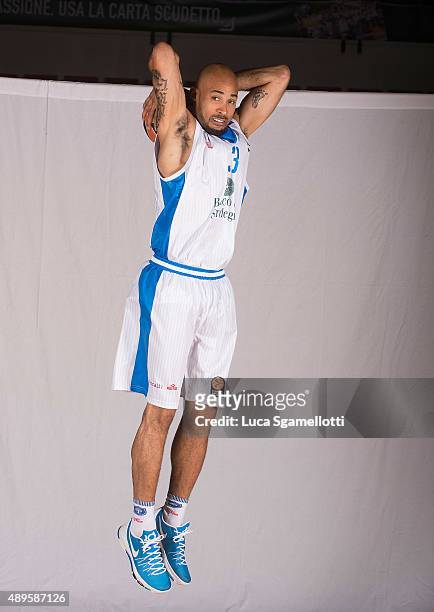 David Logan, #3 of Dinamo Banco di Sardegna Sassari poses during the 2015/2016 Turkish Airlines Euroleague Basketball Media Day at Palaserradimigni...