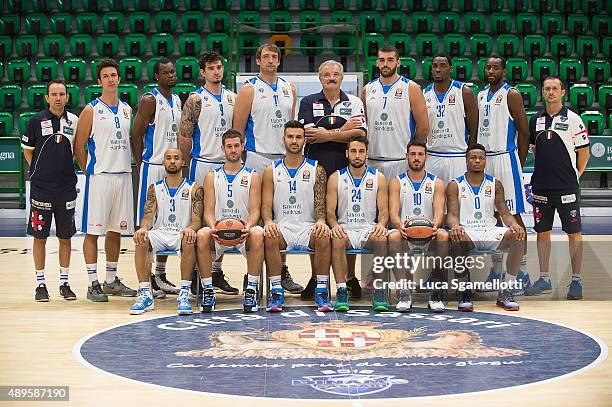 Players of Dinamo Banco di Sardegna Sassari poses during the 2015/2016 Turkish Airlines Euroleague Basketball Media Day at Palaserradimigni on...