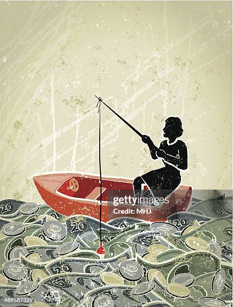 retro,  business woman fishing in a sea of money - vintage fishing lure stock illustrations