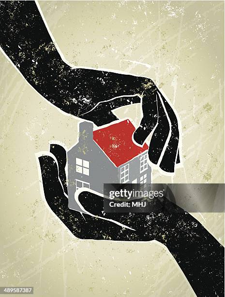 giant protective hands with a house - tiny house stock illustrations