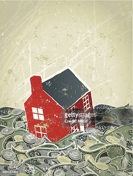 flood, house sinking in money sea - natural disaster stock illustrations