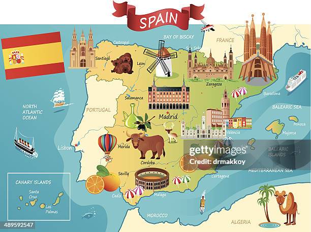 cartoon map of spain - barcelona beach stock illustrations
