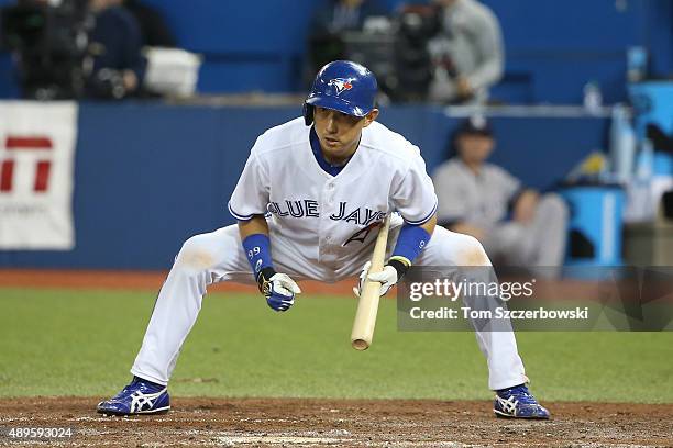 Munenori Kawasaki of the Toronto Blue Jays during his at bat in the fifth inning during MLB game action against the New York Yankees on September 22,...