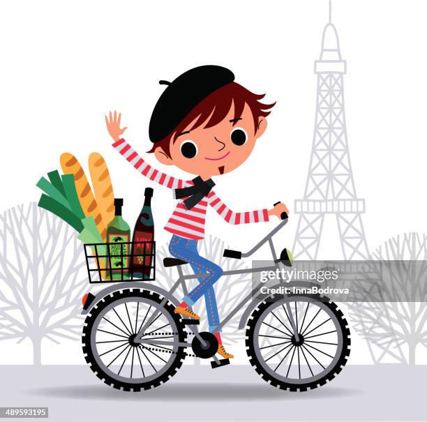 illustrations, cliparts, dessins animés et icônes de frenchman sur un vélo. - béret