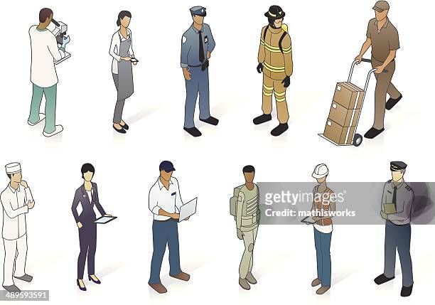 isometric people in uniform - factory worker stock illustrations