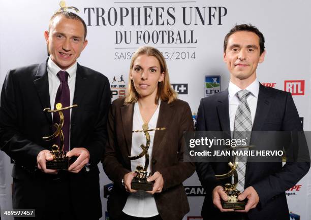 Ruddy Buquet, Stephanie Frappart and Frederic Canot pose with their Best Referees in French Ligue 1 awards, during the TV show "Canal Football Club"...