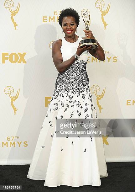 Actress Viola Davis poses in the press room at the 67th annual Primetime Emmy Awards at Microsoft Theater on September 20, 2015 in Los Angeles,...