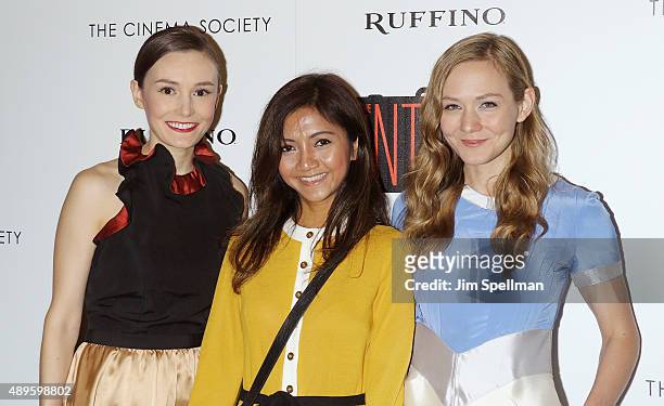 Actors Libby Woodbridge, Louisa Krause and guest attend the The Cinema Society and Ruffino host a screening of Warner Bros. Pictures' "The Intern" at...
