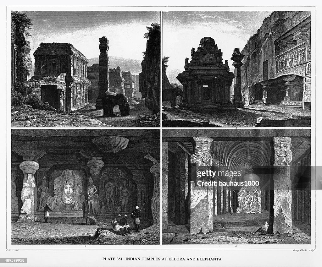 Indian Temples at Ellora and Elephanta Engraving