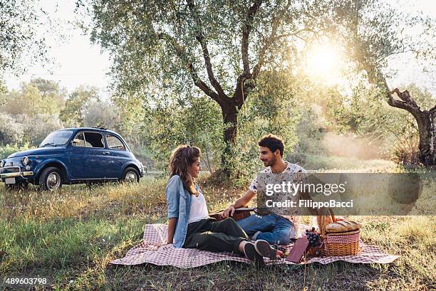 junges paar picknick bei sonnenuntergang - paar picknick stock-fotos und bilder