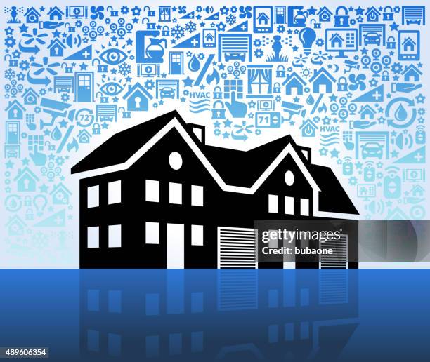multi-family house on home automation and security vector background - housing development construction stock illustrations