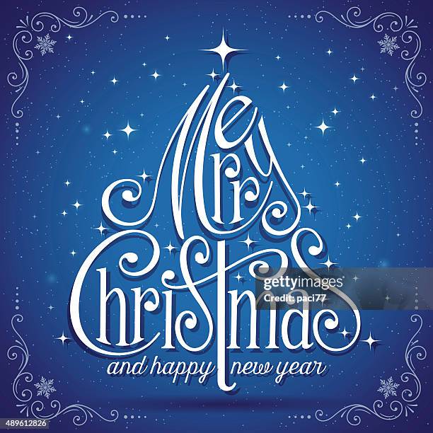 christmas tree lettering with blue background - a forma di stella stock illustrations