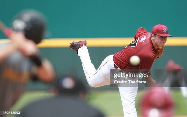 South Carolina Gamecocks' Will Crowe pitches against the Missouri Tigers at the Carolina Stadium in Columbia, S.C. On Sunday, May 11, 2014. USC won,...