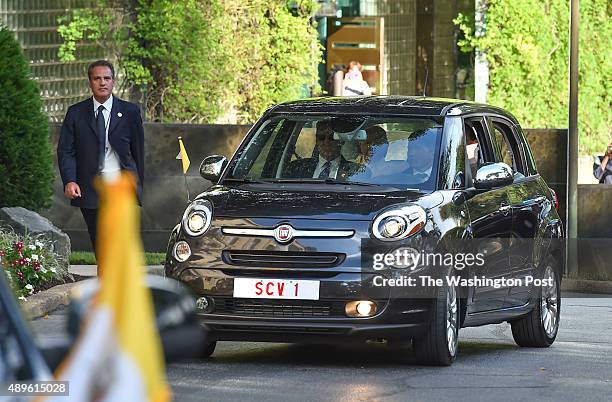 Pope Francis arrives in a Fiat 500 at the Nunciature for the U.S. Papal Visit on September 22, 2015 in Washington, D.C.