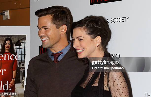 Actors Andrew Rannells and Anne Hathaway attend the The Cinema Society and Ruffino host a screening of Warner Bros. Pictures' "The Intern" at the...