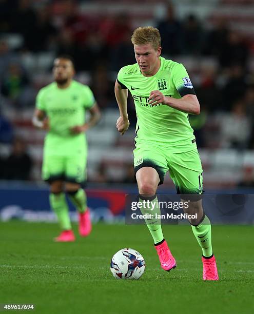 Manchester City's Kevin De Bruyne controls the ball during the Capital One Cup Third Round match between Sunderland and Manchester City at The...