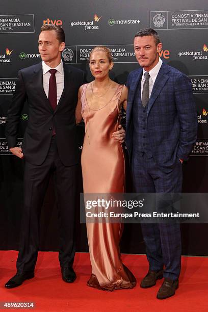 Tom Hiddleston, Sienna Miller and Luke Evans attend 'High-Rise' premiere during 63rd San Sebastian Film Festival on September 22, 2015 in San...