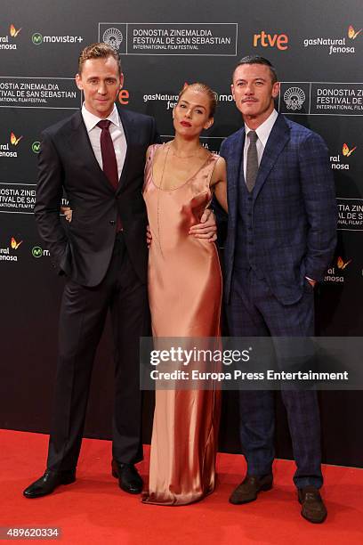 Tom Hiddleston, Sienna Miller and Luke Evans attend 'High-Rise' premiere during 63rd San Sebastian Film Festival on September 22, 2015 in San...