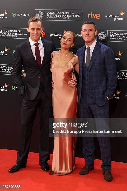 Tom Hiddleston, Sienna Miller and Luke Evans attend 'High-Rise' premiere during 63rd San Sebastian Film Festival on September 22, 2015 in San...
