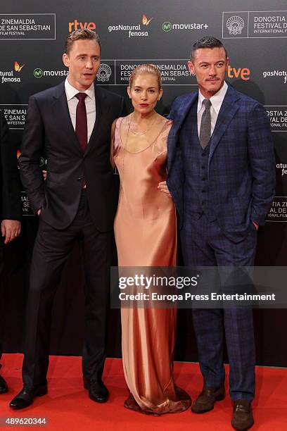 Tom Hiddleston, Sienna Miller and Luke Evans attend 'High-Rise' premiere during 63rd San Sebastian Film Festival on September 22, 2015 in San...