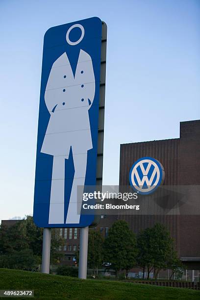 Sign stands outside the Volkswagen AG headquarters in Wolfsburg, Germany, on Wednesday, Sept. 23, 2015. Volkswagen's escalating scandal over...