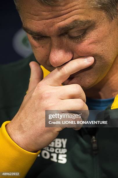 South Africa's head coach Heyneke Meyer attends a press conference at International Congress Center in Birmingham, central England, on September 23,...