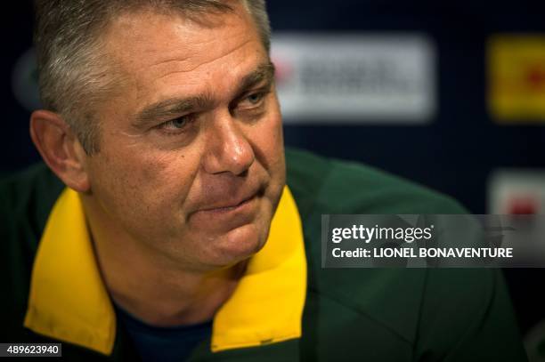 South Africa's head coach Heyneke Meyer attends a press conference at International Congress Center in Birmingham, central England, on September 23,...