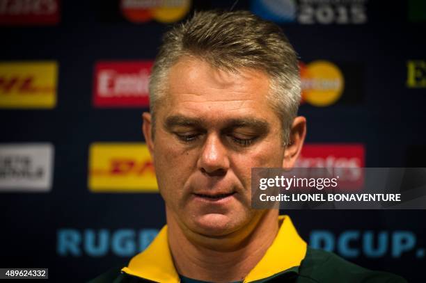 South Africa's head coach Heyneke Meyer attends a press conference at International Congress Center in Birmingham, central England, on September 23,...