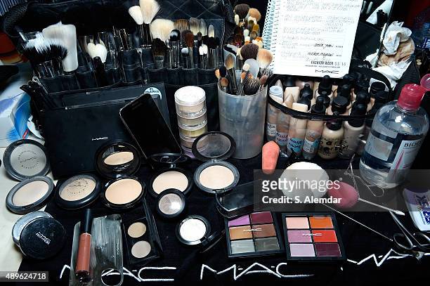 Beauty products are displayed backstage ahead of the Stella Jean show during Milan Fashion Week Spring/Summer 2016 on September 23, 2015 in Milan,...