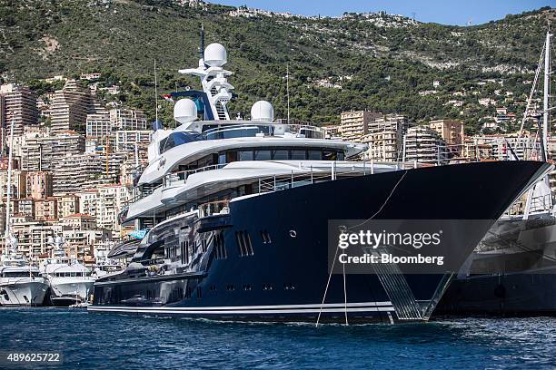 Luxury superyacht Solandge, built by Lurssen Werft GmbH & Co. KG, sits moored in the harbor during the Monaco Yacht Show in Port Hercules, Monaco, on...