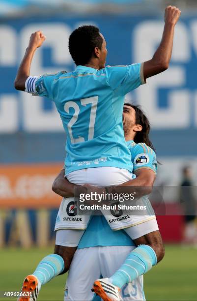 Carlos Lobaton of Sporting Cristal celebrates after scoring his team's second goal during a match between Sporting Cristal and Juan Aurich as part of...
