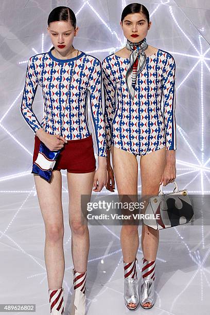 Model walks the runway at the Anya Hindmarch Ready to Wear show during London Fashion Week Spring/Summer 2016 on September 22, 2015 in London,...