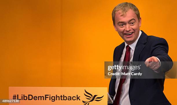 Liberal Democrat leader Tim Farron makes his leader's speech on the final day of the Liberal Democrats annual conference on September 23, 2015 in...