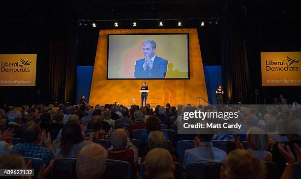 Liberal Democrat leader Tim Farron makes his leader's speech on the final day of the Liberal Democrats annual conference on September 23, 2015 in...