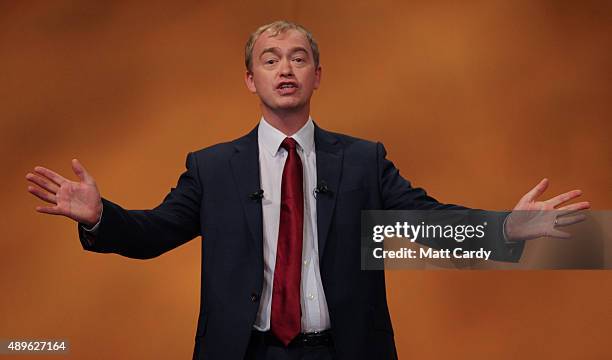 Liberal Democrat leader Tim Farron makes his leader's speech on the final day of the Liberal Democrats annual conference on September 23, 2015 in...