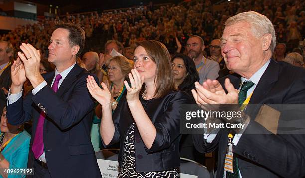 Ex-leader and Liberal Democrat MP, Nick Clegg, Liberal Democrat AM Kirsty Williams and former leader Paddy Ashdown applaud Liberal Democrats leader...