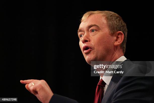 Liberal Democrat leader Tim Farron makes his leader's speech on the final day of the Liberal Democrats annual conference on September 23, 2015 in...