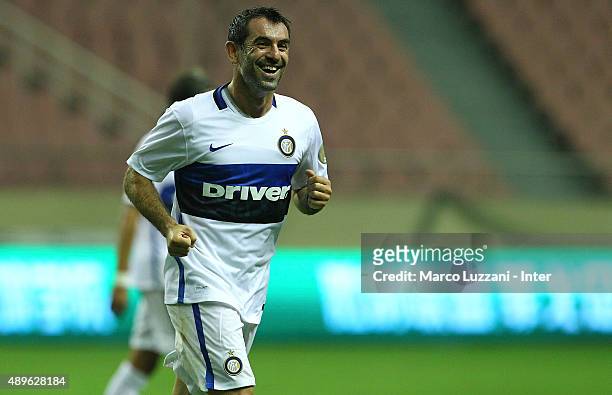 Giorgios Karagounis of Inter Forever celebrates his goal during the The 2015 Winning League International Legends Championship match between Inter...