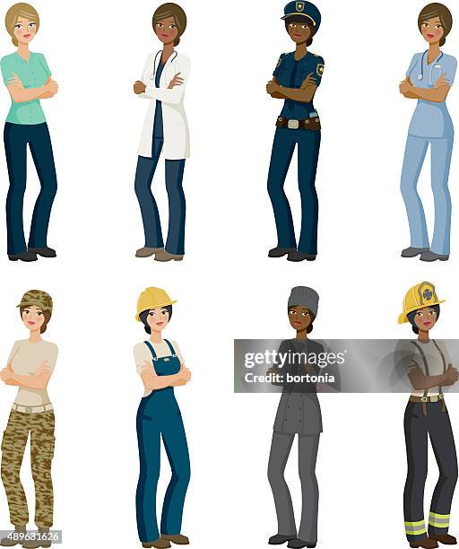 acht weibliche berufsgruppen icon-set - indian police officer image with uniform stock-grafiken, -clipart, -cartoons und -symbole