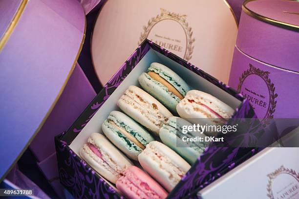 gift set macaroons from laduree - premium paris stock pictures, royalty-free photos & images