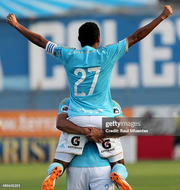 Carlos Lobaton of Sporting Cristal celebrates after scoring his team's second goal during a match between Sporting Cristal and Juan Aurich as part of...